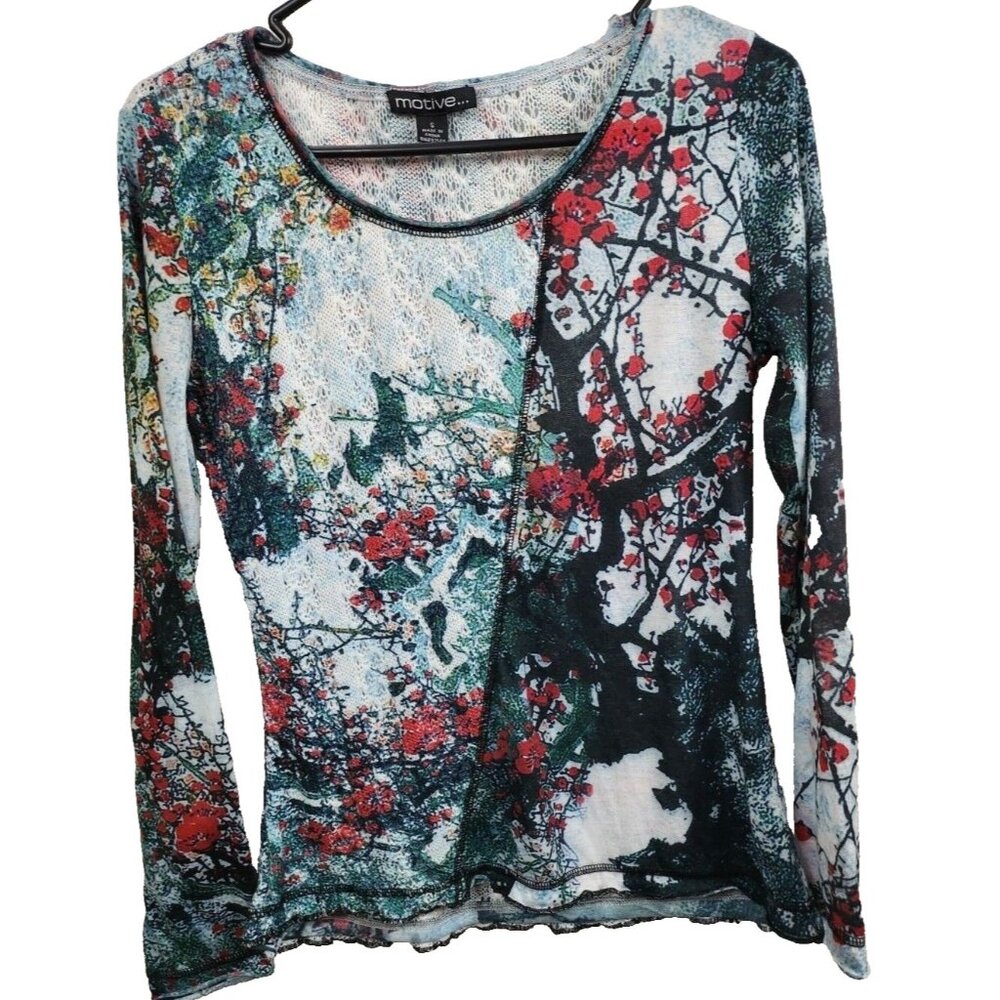 VTG Y2K Motive Womens Top Small Gray Red Abstract Art Crochet Sheer Long Sleeve